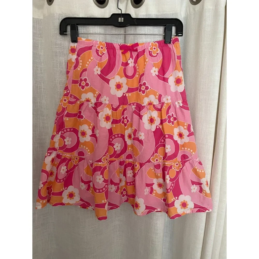 Gymboree Twirly Tiered Girl's Size 7‎ Cotton Skirt Pink Orange and White Lined